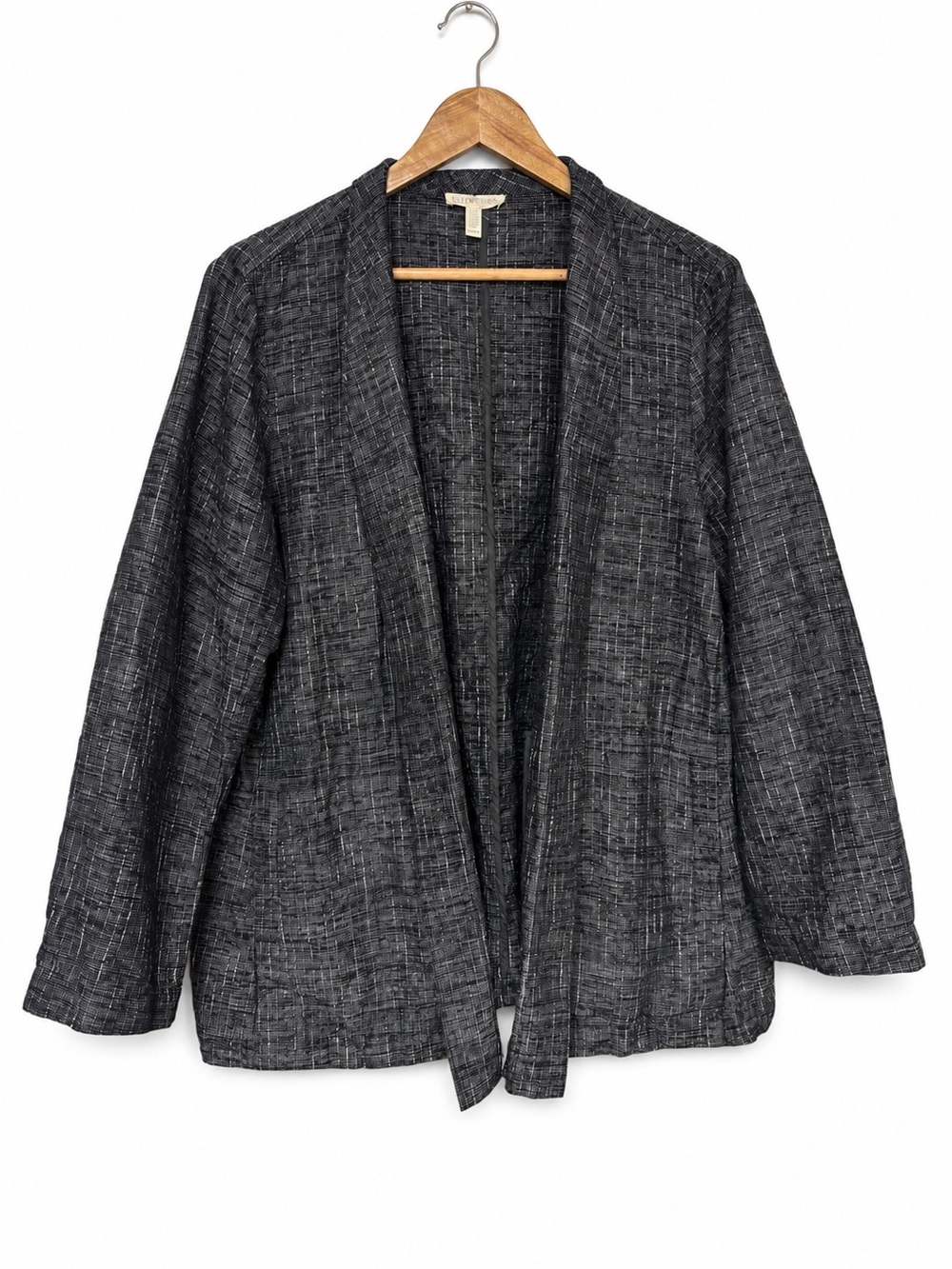 Eileen Fisher Blazer Classic XL Black White Textured Linen Cotton Open Front
